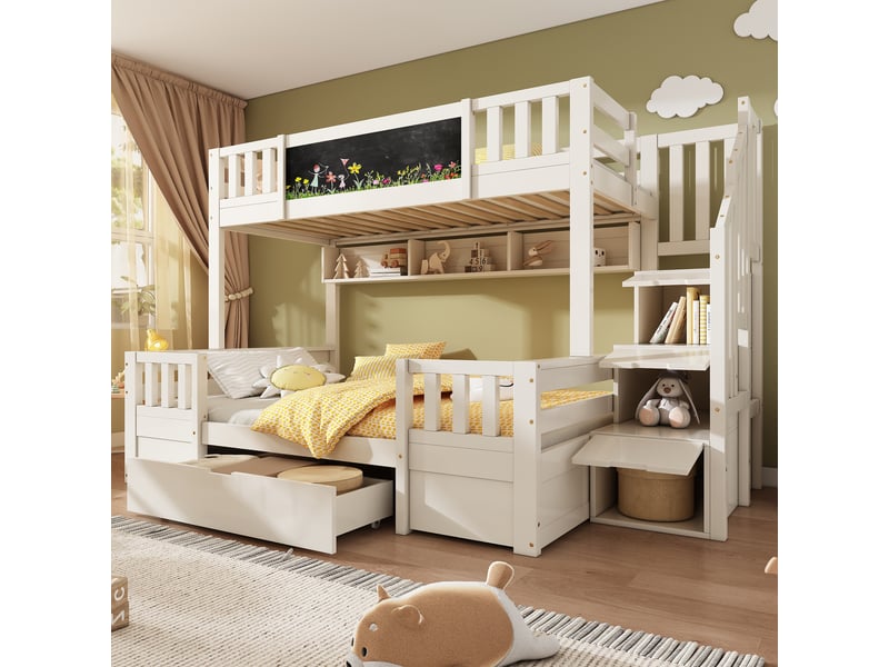  Lit superposé 90x200 + 140x200 avec escalier-meuble, tiroirs, niches et tableau noir, bois massifmdf, blanc Morn Vibe - Conforama C