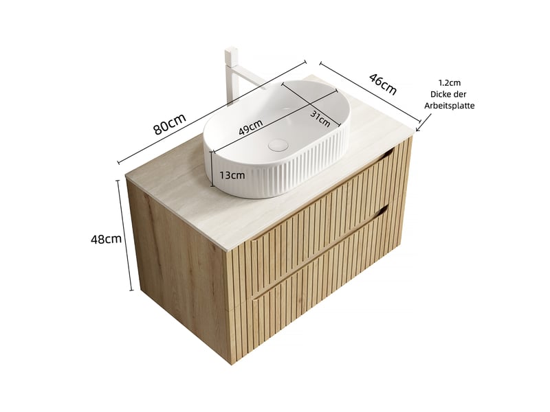  Meuble sous vasque suspendu avec 2 tiroirs à fermeture amortie et vasque ovale en céramique pour salle de bain  - Conforama D