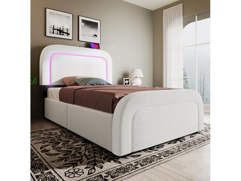  Modenvie lit 1 place 90x200 cm - led, ports usb-c et 2 tiroirs, tête de lit réglable, sans matelas - blanc  - Conforama E