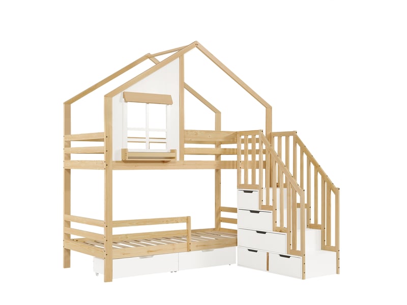  Lit superposé avec rangement et roulettes, bois pin blanc et naturel  - Conforama W