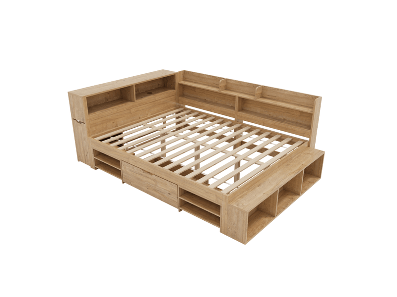  Lit enfant 140x200 cm multifonction avec table de chevet, tiroirs, rangement, recharge sans fil, naturel sans matelas  - Conforama A