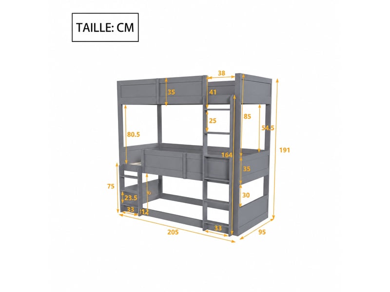  Lit superposé triple 90 x 200 cm, 3 couchages séparables, structure en bois gris avec barrières hautes  - Conforama C