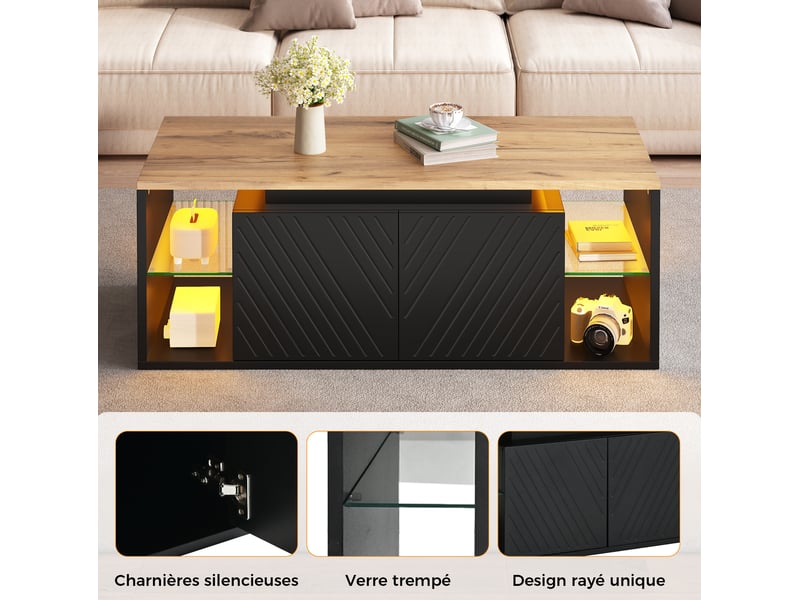  Table basse 100x50x41 cm avec led et rangement, table de salon, pour le salon, panneaux de particules, coloris noir  - Conforama E