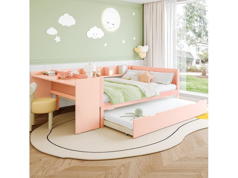  Lit gigogne 140x200 cm avec bureau et étagères, en pin, rose et blanc  - Conforama B