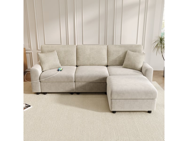  Canapé beige avec pouf, 2 coussins carrés et ports usb-c, canapé en chenille et velours côtelé de 223 cm pour salon  - Conforama E