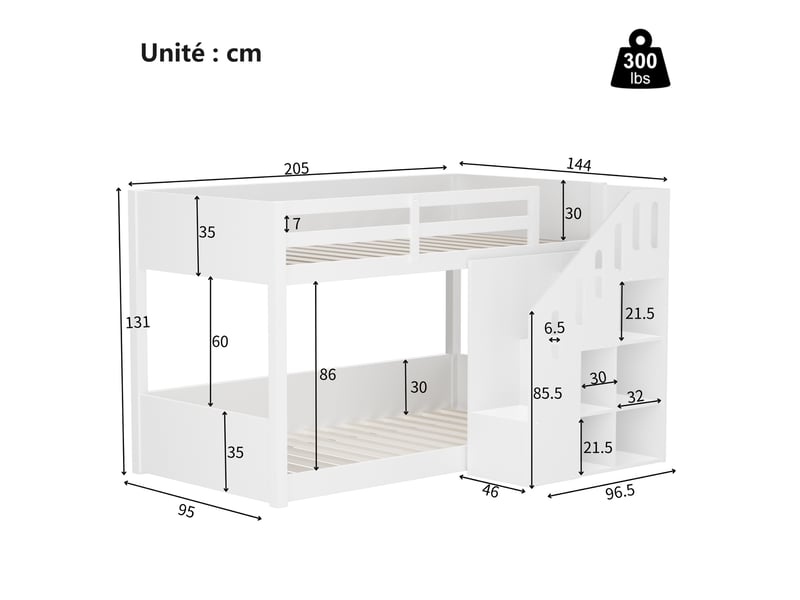  Lit combiné 90x200 cm - lit superposé enfant avec balustrade et escaliers - bois - sans matelas - blanc  - Conforama C