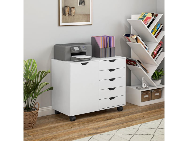  Meuble de bureau à 5 tiroirs, roulettes, étagère réglable, support pour imprimante, 78 x 40 x 66,5 cm, blanc  - Conforama C