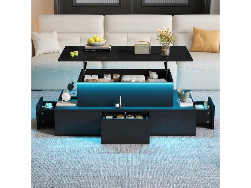 Table basse relevable noire avec rangement, 4 tiroirs, led, 100 x 50 cm, finition brillante - Conforama C