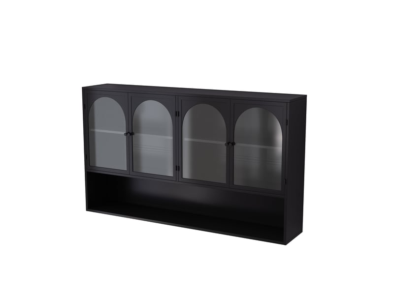  Armoire murale avec 4 portes en verre gris, rangement suspendu pour cuisine et salon, métal noir, 120×23×70 cm  - Conforama E
