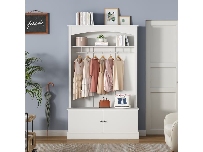  Vestiaire d'entrée avec banc à chaussures, meuble de rangement pour couloir et penderie multifonction 5 en 1, 120x40x190 cm, blanc  - Conforama R