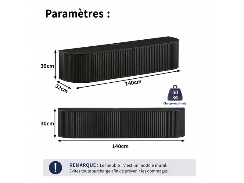  Meuble tv mural suspendu noir – 140 x 32 x 30 cm – passe-câbles intégré  - Conforama D