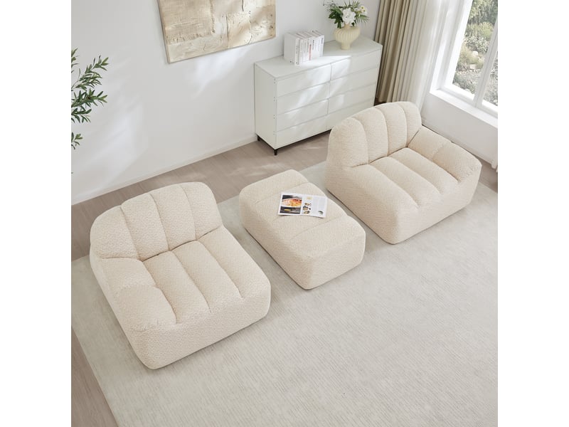  Canapé d’angle coquille 2 places avec pouf beigeblanc – 210 x 165 x 79 cm Fay Lum - Conforama E