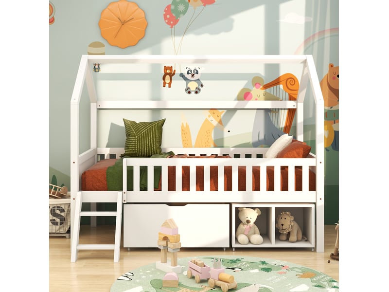  Lit enfant cabane 90 x 200 cm blanc en pin avec rangements  - Conforama D
