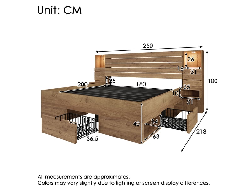 Lit double adulte 180x200 cm, tiroirs, chevets, niche éclairée, usb type-c, spots éclairage led, mdf+métal, chêne, sans matelas - Conforama C