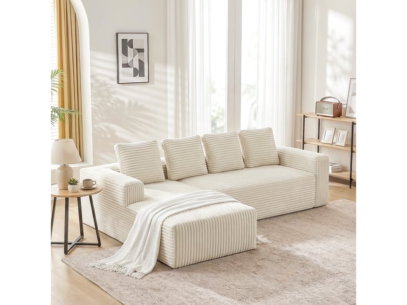 Canapé modulable 4 places en l, canapé nuage sans montage, assise profonde, méridienne réversible, velours côtelé beige, 261 x 168 x 58 cm - Conforama C