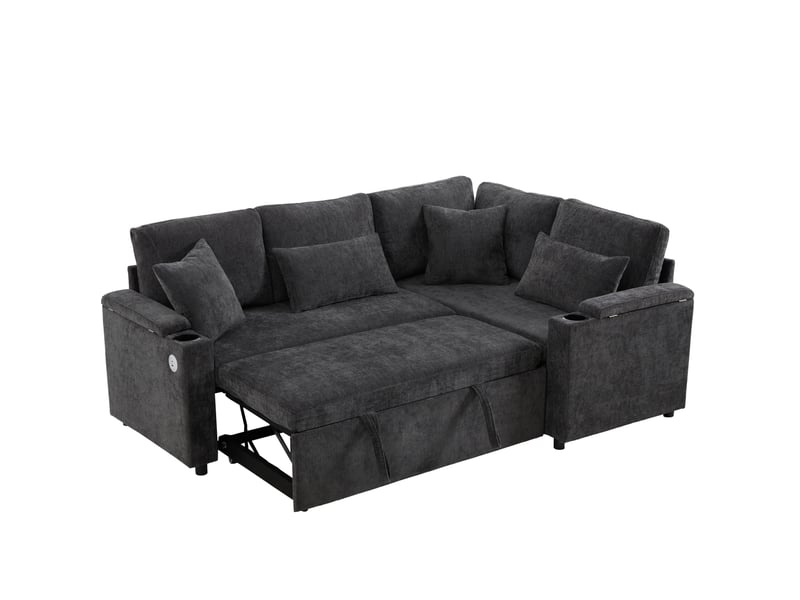  Canapé d'angle convertible modenvie 4 places avec méridienne droite fixe, rangement, usb et porte-gobelet, chenille gris foncé 206,5 x 141 x 86 cm  - Conforama A