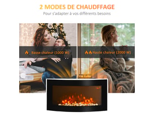 Cheminée électrique murale éclairages latéraux led design affichage avant-gardiste led avec télécommande et minuterie 10002000 w luminosité réglable noir