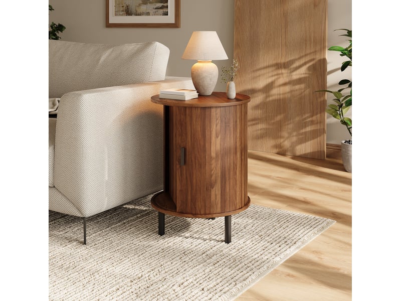 Table d'appoint ronde 48x48x65 cm en mdf et panneaux de particules avec porte coulissante marron noyer chicfurn - Conforama C