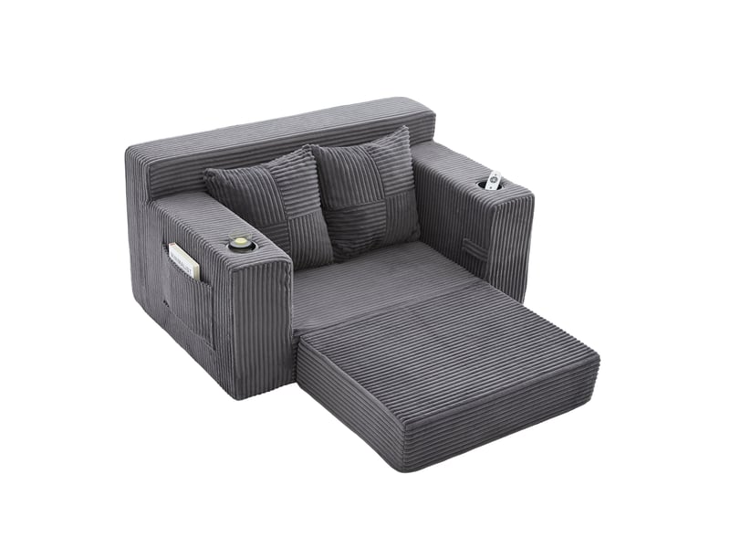 Canapé 2 places noir en velours côtelé avec pouf, 2 coussins, porte-gobelet et rangement latéral - Conforama D