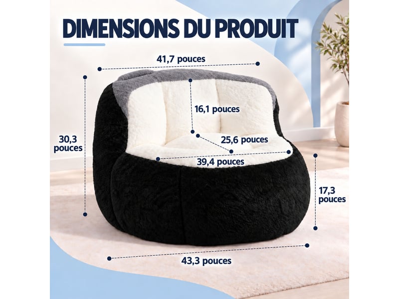  Canapé pouf géant en fausse fourrure, tissu doux respectueux de la peau, mousse déchiquetée haute résilience,noir+blanc+gris  - Conforama B