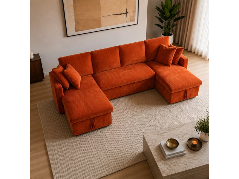 Canapé panoramique convertible 4 places en velours côtelé avec coffre - terracotta mahé - Conforama D