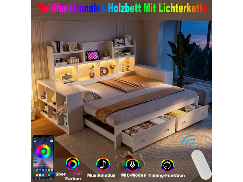  Canapé-lit extensible 90x200 cm en mdf blanc avec rangements, tiroirs, led et prise intégrée, sans matelas  - Conforama D