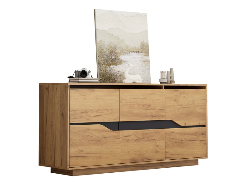  Buffet 140x40x70 cm, 3 portes, tablettes réglables, fermeture amortie, panneau de particules, chêne et noir, élégant  - Conforama A