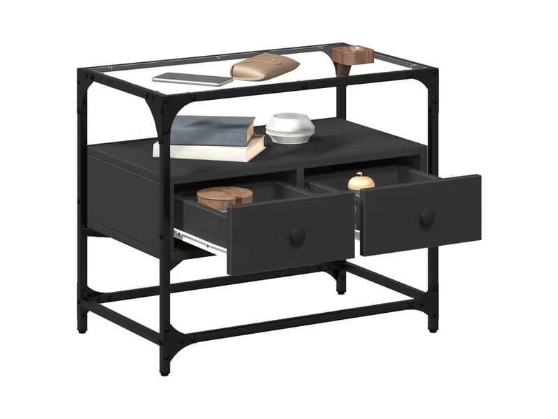  Meuble tv - banc tv - meuble de rangement et dessus en verre noir 60x35x51 cm bois d'ingénierie  - Conforama C