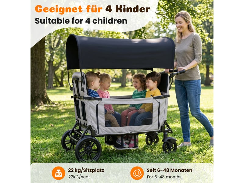 Chariot enfant pliable gris clair 4 places avec siège convertible en lit, toit pare-soleil, plateau, roues pu tout-terrain - Conforama B
