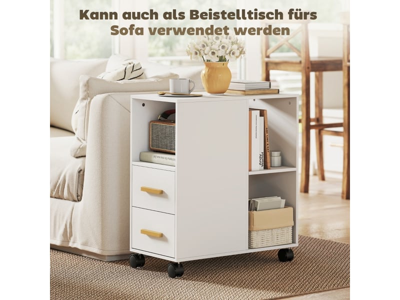  Meuble imprimante 60x30x65 cm blanc avec 2 tiroirs, 3 niches et roulettes  - Conforama D