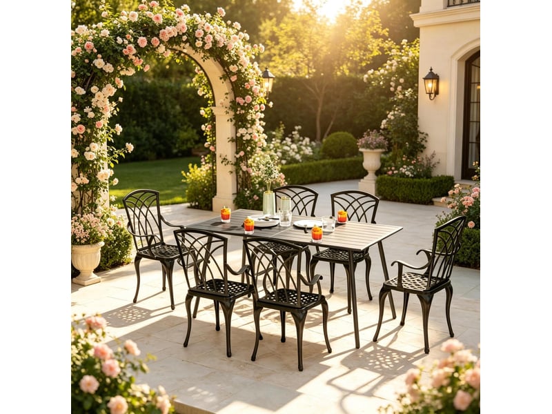  Table de jardin rectangulaire 150x80 cm – gris – acier thermolaqué – 6 places – plateau rainuré extérieur  - Conforama D