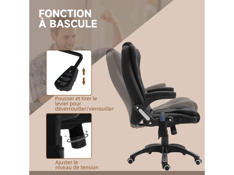  Fauteuil de bureau massant et chauffant, chaise de bureau, dossier, chaise ergonomique avec hauteur réglable  - Conforama R