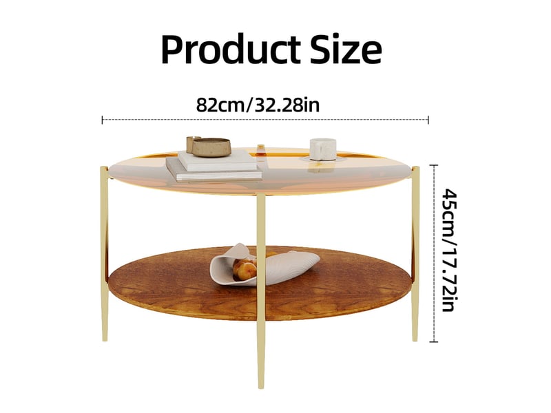  Table basse ronde 82 cm à plateau en verre trempé doré et rangement ouvert  - Conforama C