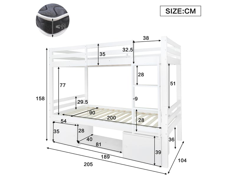  Lit superposé 90x200 cm, structure en bois, coloris blanc, rangements intégrés, séparable en 2 lits, conception fonctionnelle, cadre fonctionnel  - Conforama C