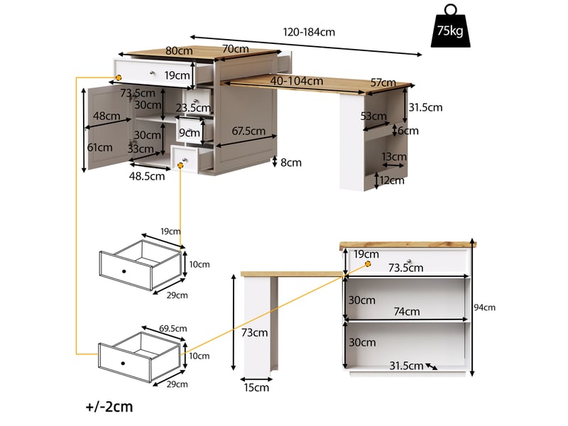  Ilot de cuisine extensible avec 5 tiroirs et roulettes, mdf et métal, blanc  - Conforama C