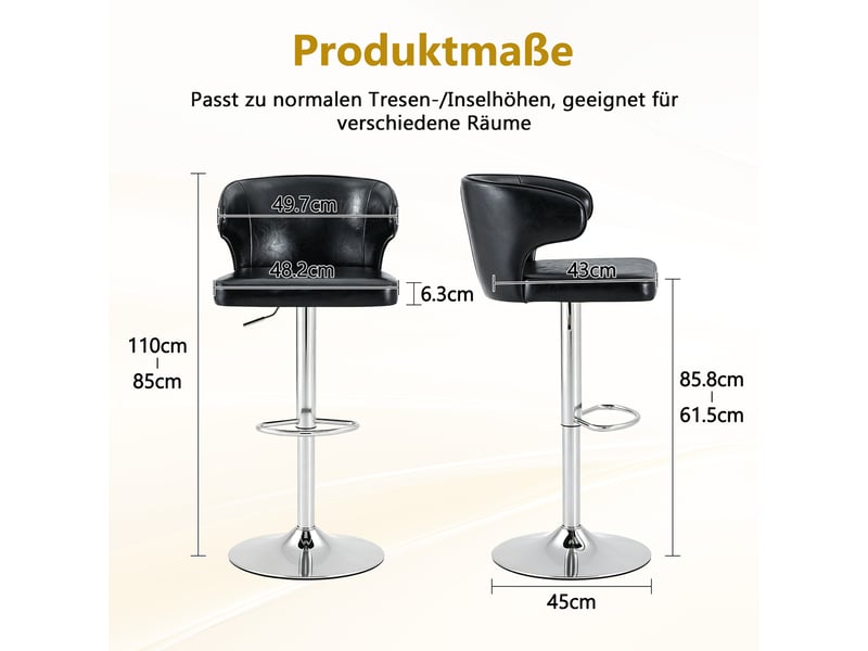  Lot de 2 tabourets de bar réglables,49,7x45x85-110 cm,pivotants,pu,noir  - Conforama C