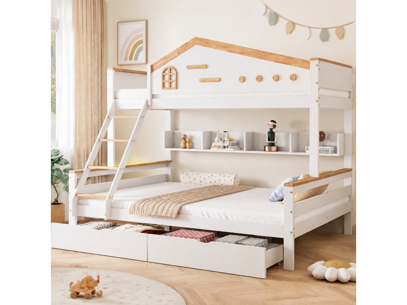  Lit superposé enfant 90x200 et 140x200 cm avec rangements, blanc et naturel  - Conforama D