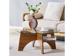 Table d'appoint rond 80×80×36 cm, mdf et verre, noyer et transparent