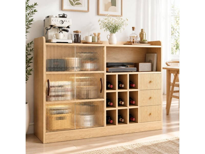 Buffet de rangement avec casier à vin et led - lpospi - portes coulissantes en verre, bois naturel 120 cm  - Conforama C