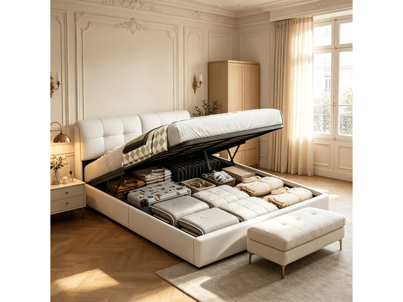  Lit adulte 2 places 140x200 cm velours beige - tête de lit capitonnée led, coffre hydraulique, sommier à lattes inclus, design moderne  - Conforama B
