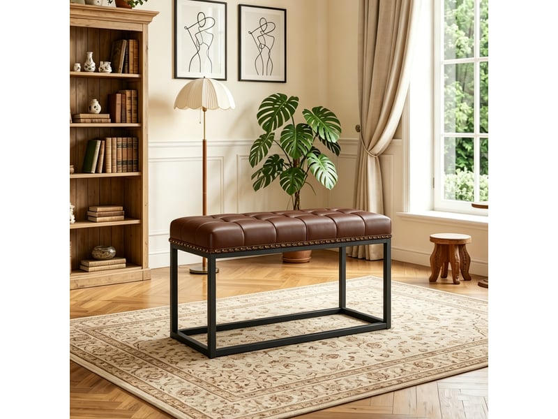  Banc rembourré vintage de 91,4 cm avec siège en simili cuir capitonné, banc de salle à manger industriel avec cadre en métal pour entrée, chambre, JD03-BR - Conforama D