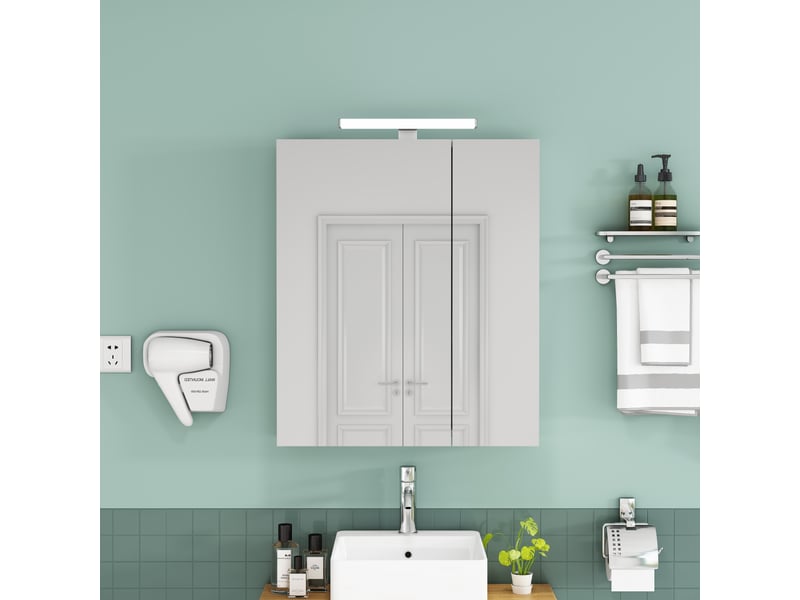  Meuble de salle de bains avec miroir led de 60 cm, 2 portes asymétriques, prise française et étagères réglables, blanc.  - Conforama B