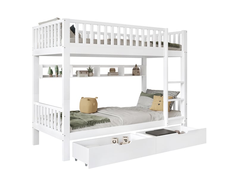  Lit superposé enfant 200×90 cm séparable en 2 lits simples, avec tiroirs et étagères, sans matelas, blanc  - Conforama A