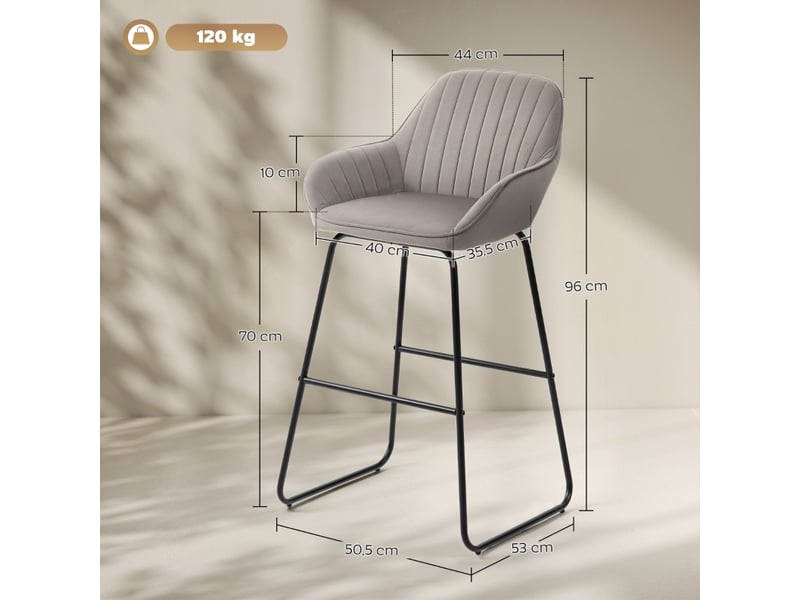  Lot de 2 tabourets de bar avec accoudoirs, rembourrage en mousse et repose-pieds, en polyester gris  - Conforama C