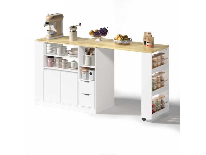 Îlot de cuisine avec plan de travail extensible, îlot central 115 cm avec rangement, mdf blanc et bois naturel, 115x50x92 cm. - Conforama R
