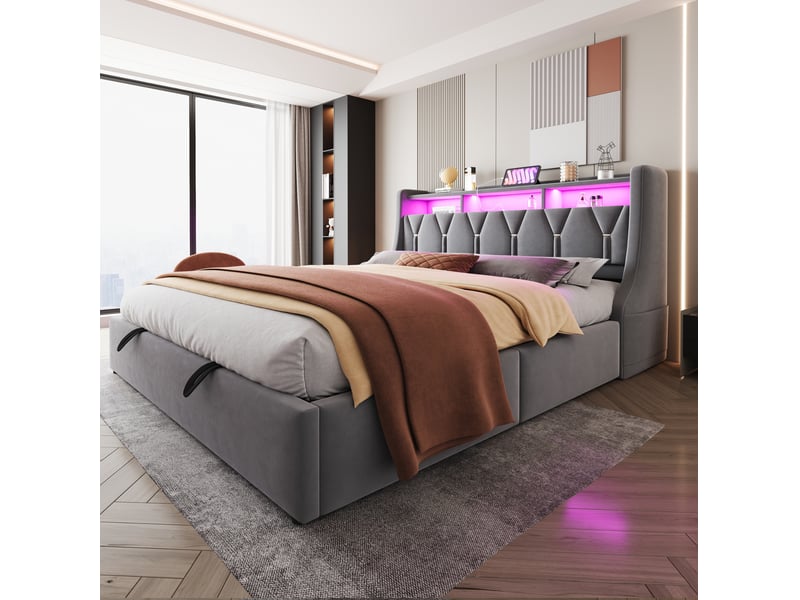  Lit double 180 × 200 cm avec rangement hydraulique, tête de lit rabattable, led et prises intégrées, chambre, gris  - Conforama D