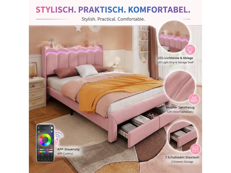  Lit enfant 140 × 200 cm 2 places, 2 tiroirs, led pilotée par application et étagère, sans matelas, velours rose  - Conforama E