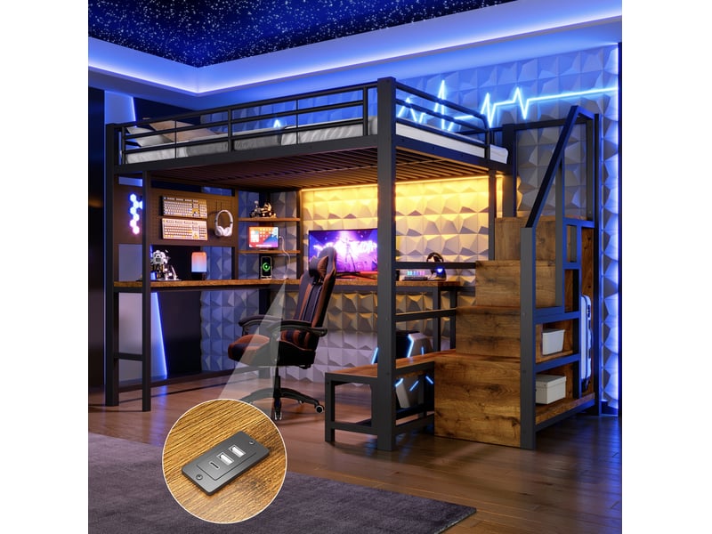  Lit mezzanine 140 × 200 cm 2 places avec bureau, rangements, led, usb et usb-c, sans matelas, métal noir  - Conforama B