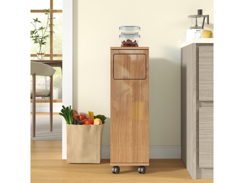  Buffet de cuisine - 24,2x35,1x80,2 cm - meuble poubelle roulant avec 1 porte et support sac poubelle - naturel  - Conforama B