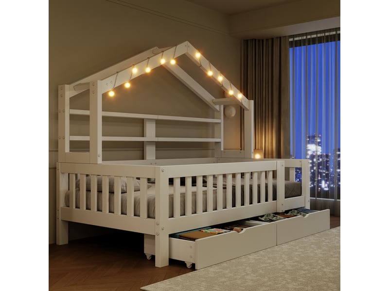  Lit cabane 90x200cm pour enfant avec toit, led, 2 tiroirs de rangement, barrières de sécurité, mdf et pin - blanc  - Conforama D